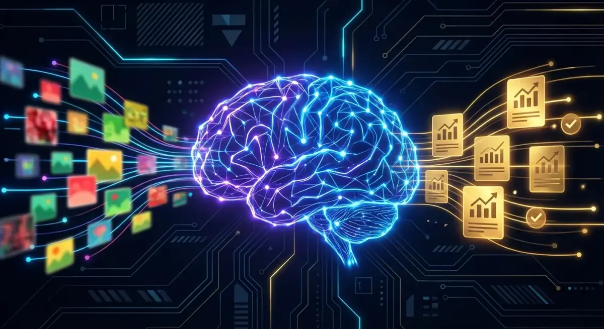 Abstract visualization of Facebook Advantage+ algorithm processing multiple creative ad variations into optimized winning outputs