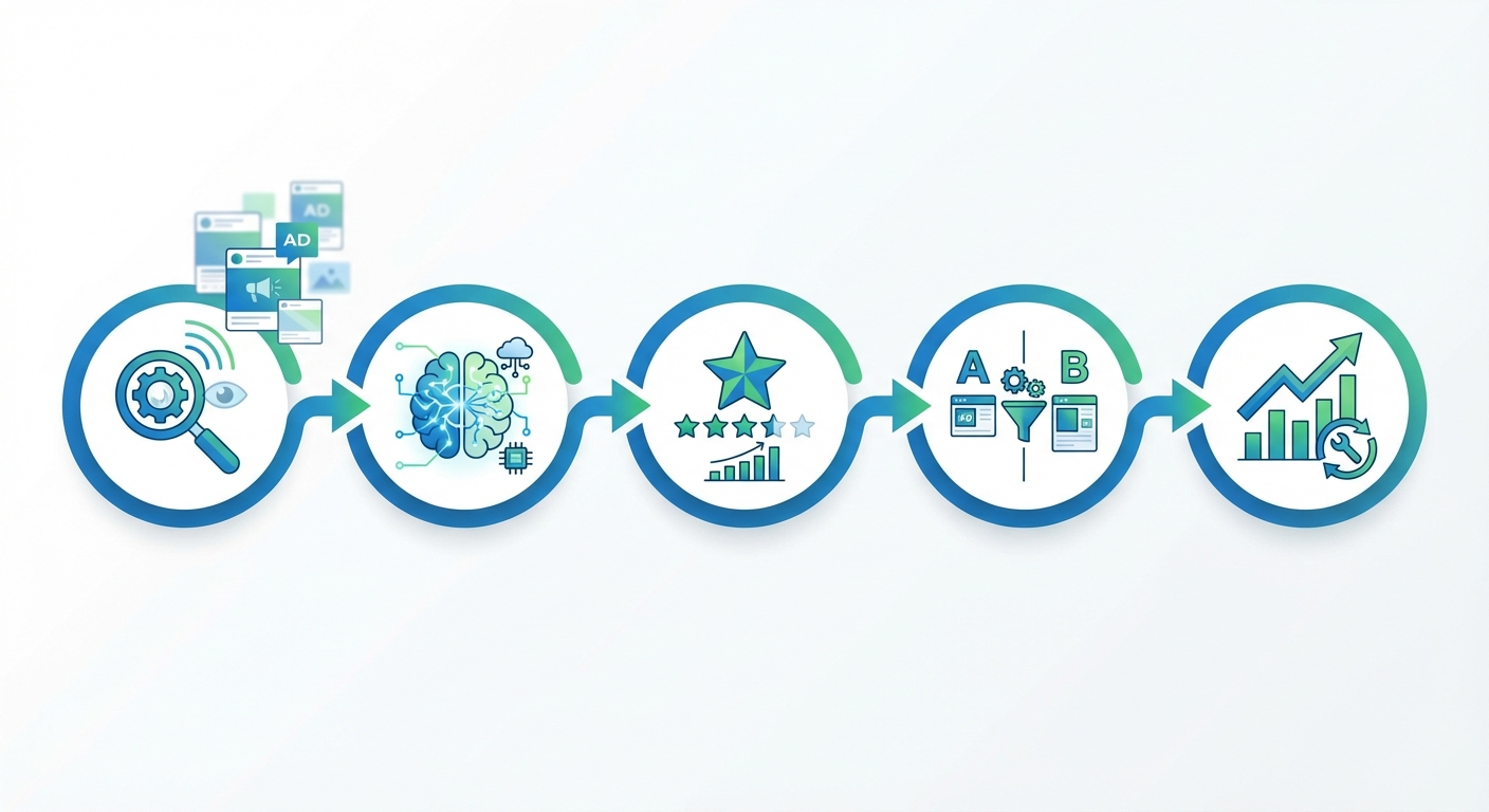 Predictive ad testing framework flowchart showing five steps from competitor analysis to refinement