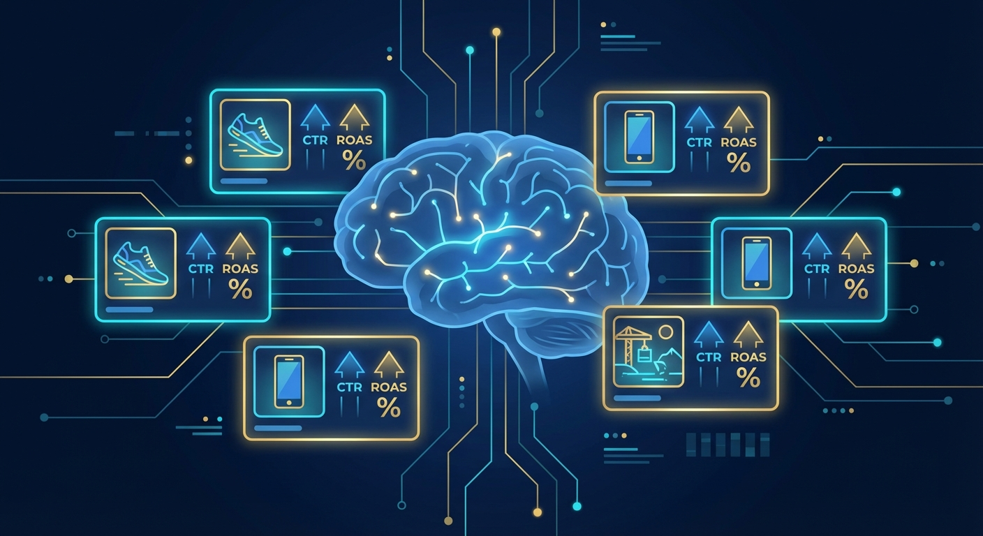 AI brain analyzing ad creatives on a digital dashboard with performance metrics