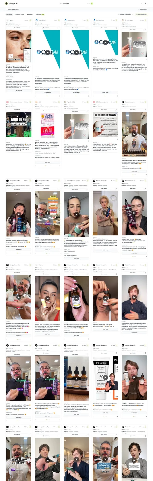 Adligator search results showing multiple similar ad creatives from one advertiser, indicating AI-generated creative patterns