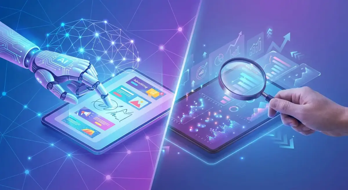 AI robot creating ad creatives alongside a human analyst examining them with data overlays and spy tool interface