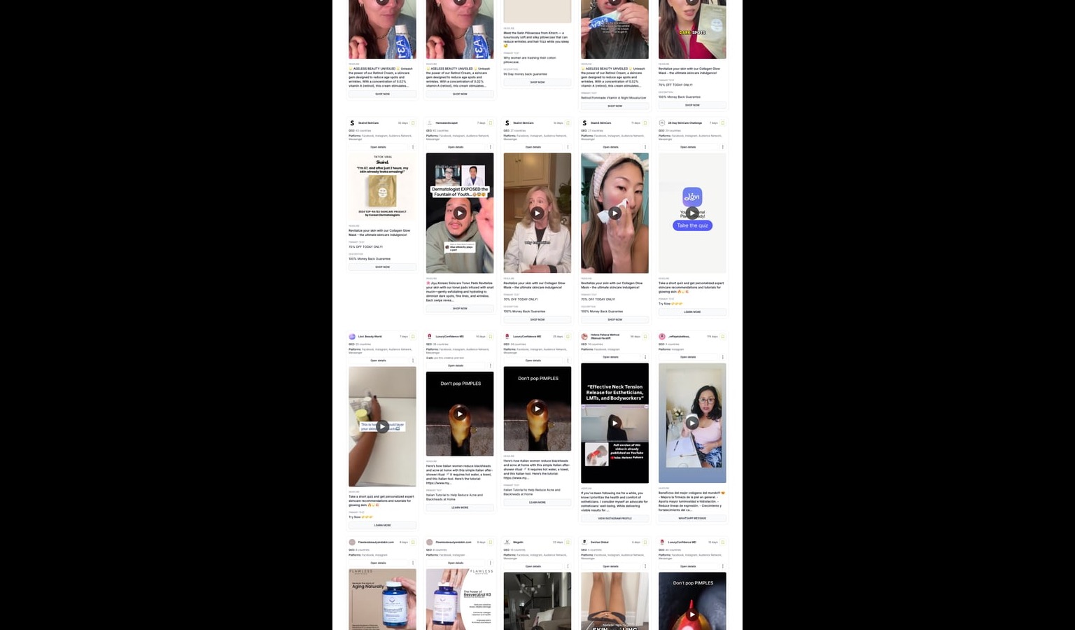 Adligator dashboard with GEO filter applied showing ad creatives from specific countries
