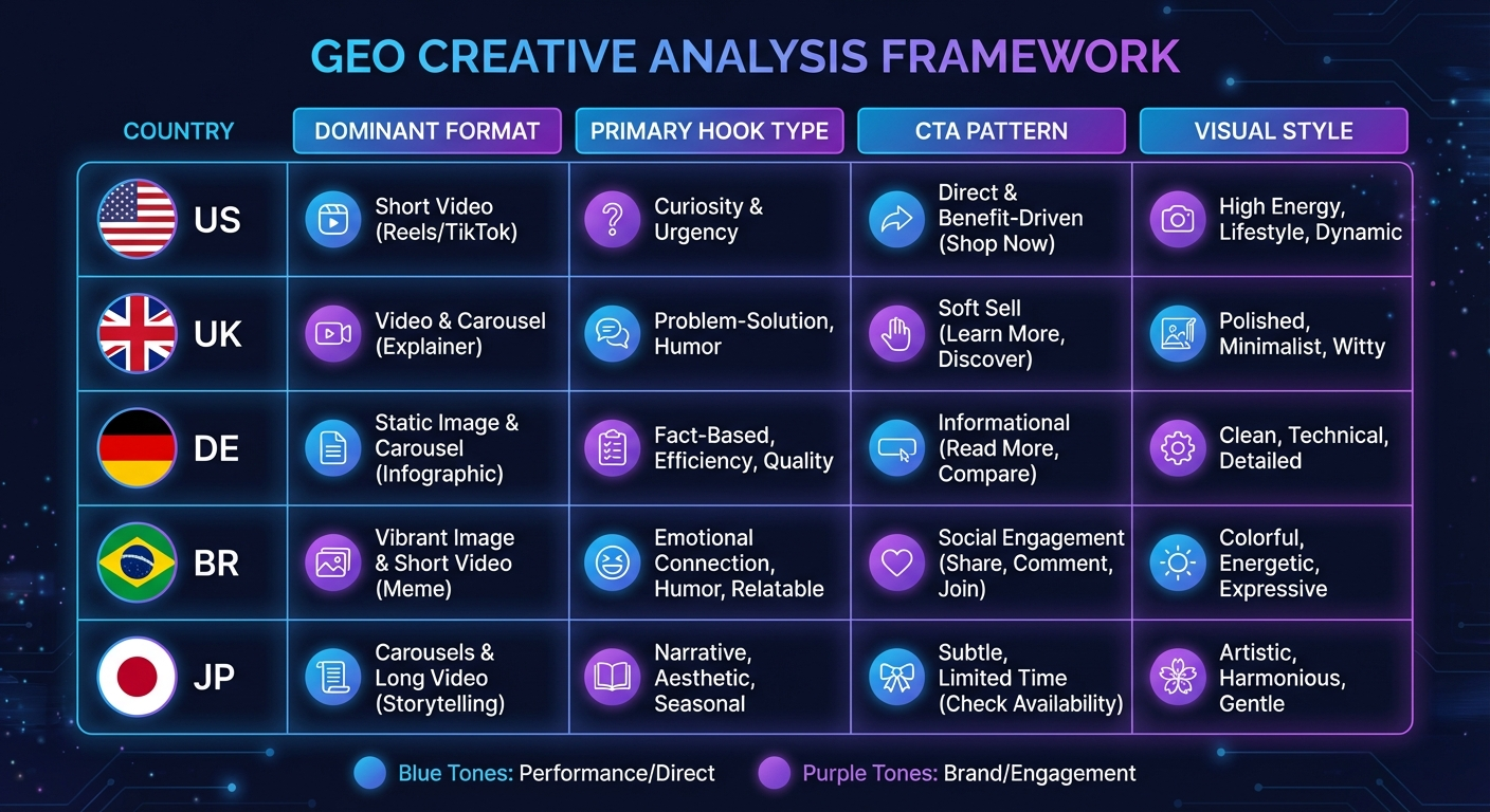 GEO creative analysis framework grid showing creative attributes by country