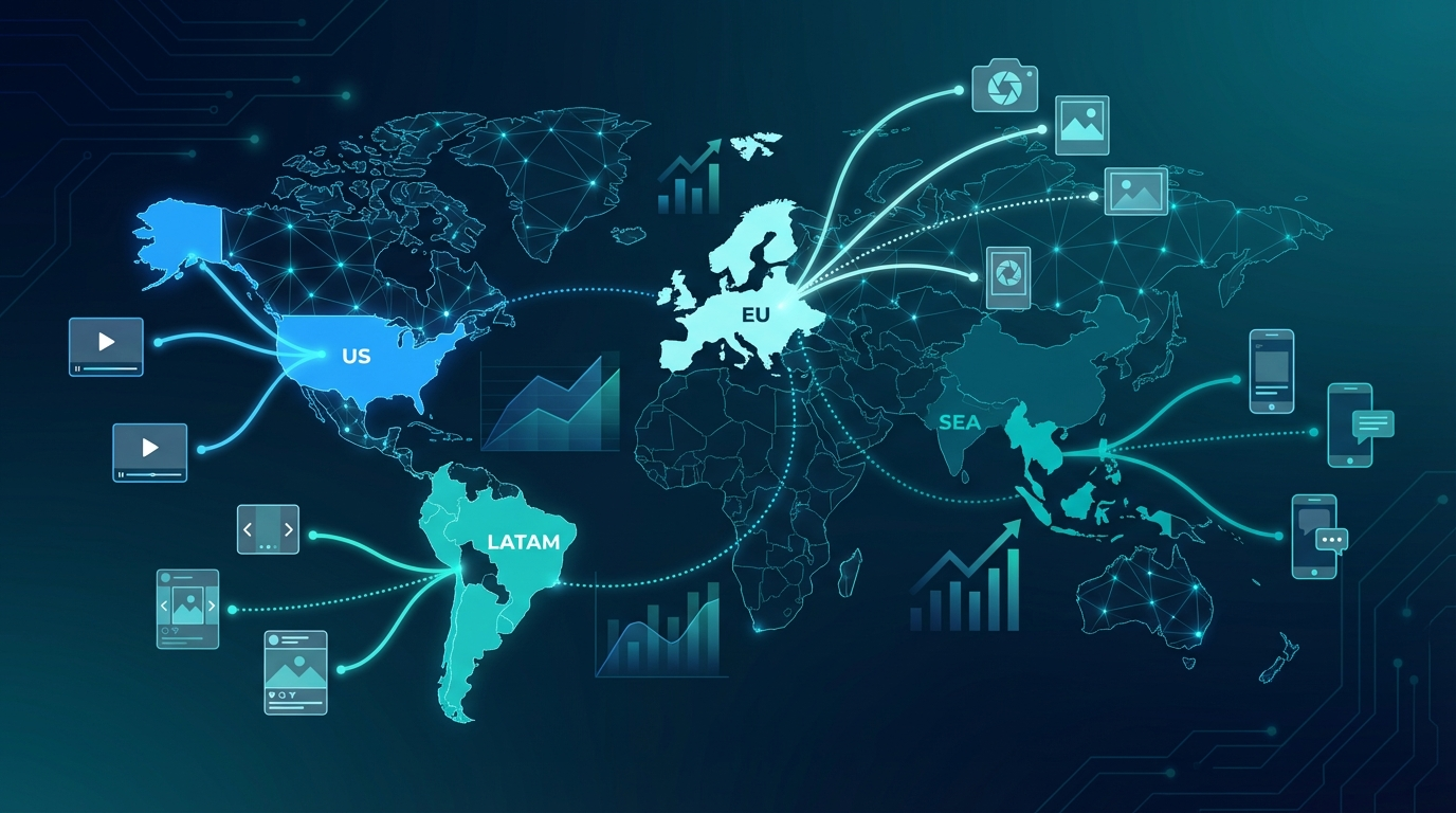 World map with highlighted regions connected to different ad creative styles showing geographic ad intelligence data