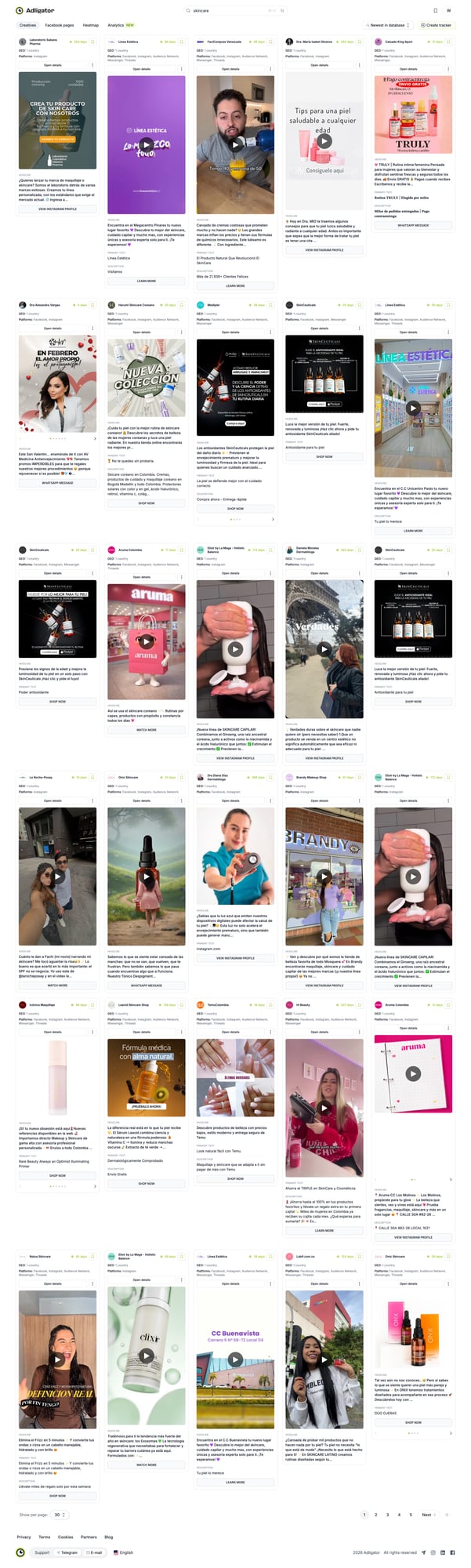 Adligator creative search filtered for dropshipping products showing long-running Facebook ads