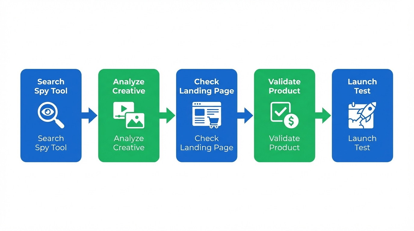 Workflow diagram showing how to go from ad spy data to validated winning dropshipping product