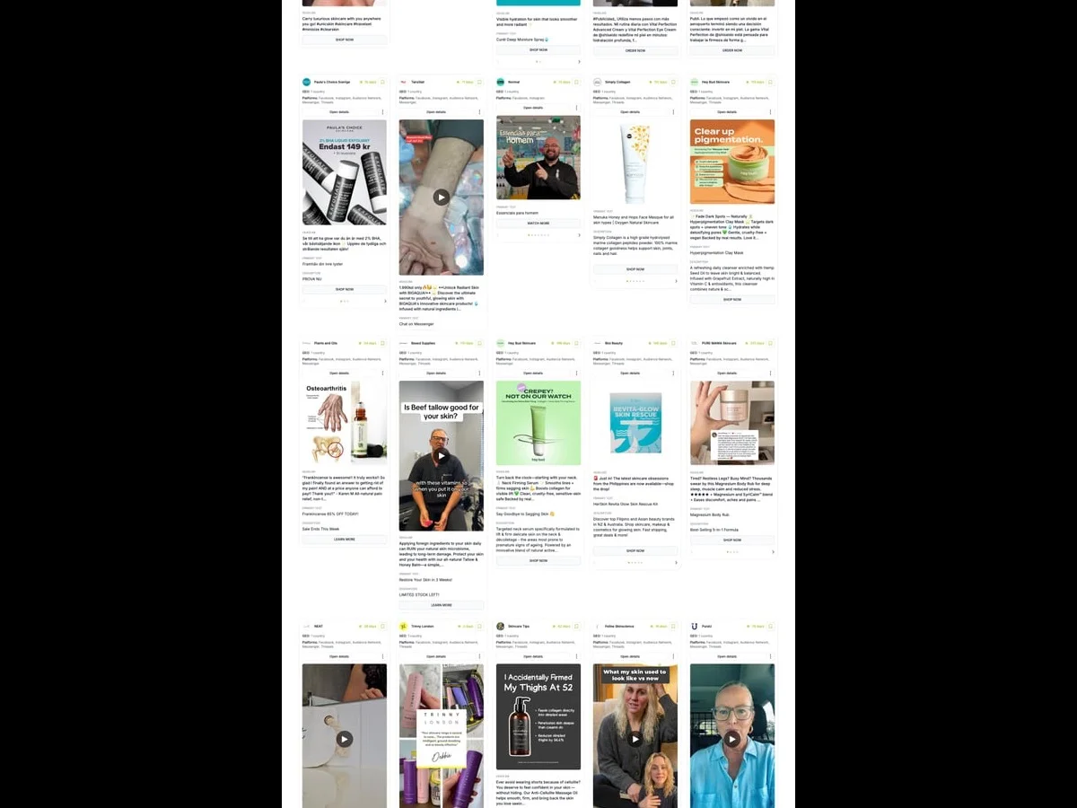 Adligator search results filtered to show only Instagram ads with platform filter highlighting INST selection