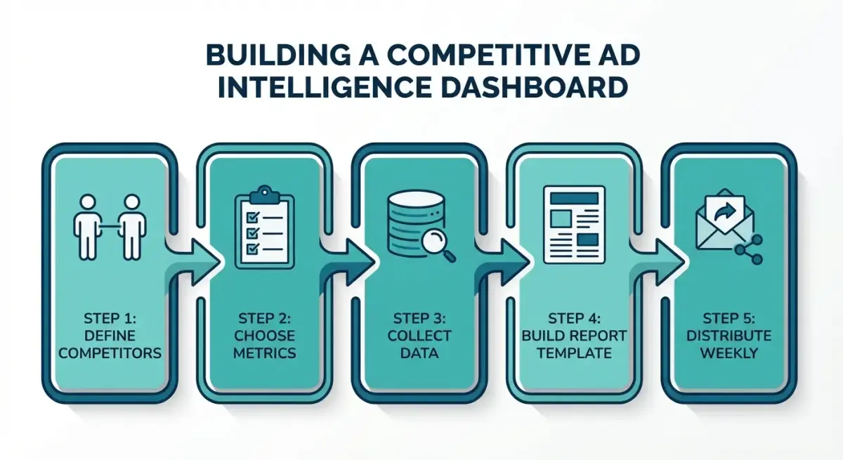 Step-by-step workflow diagram showing how to set up a competitive ad intelligence dashboard from data collection to automated weekly reports