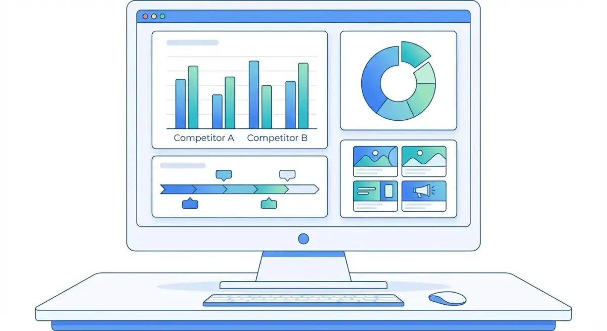 Professional ad intelligence dashboard showing competitor ad metrics, creative previews, and trend charts for media buying teams