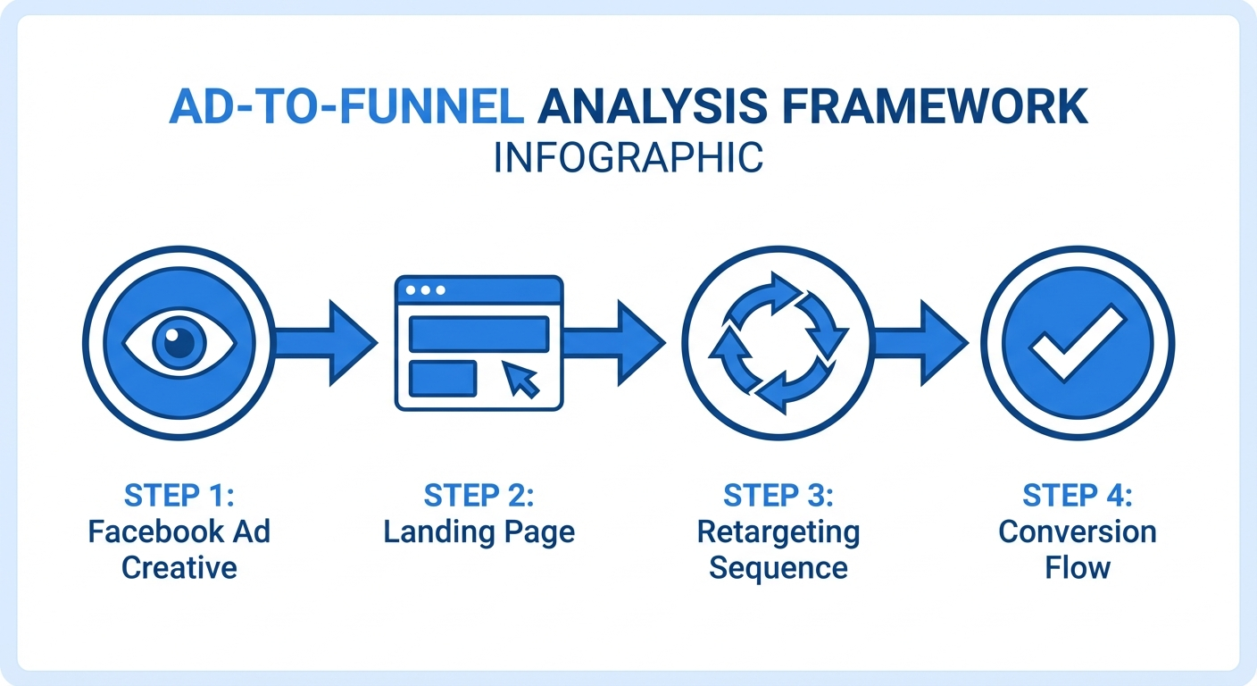 Ad-to-funnel analysis framework diagram showing four steps from ad creative to conversion