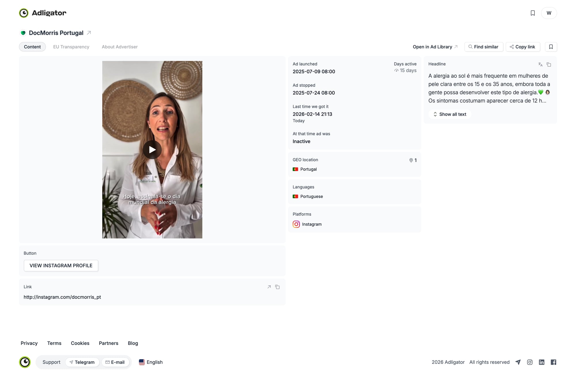 Adligator creative detail view showing ad metadata and destination landing page URL