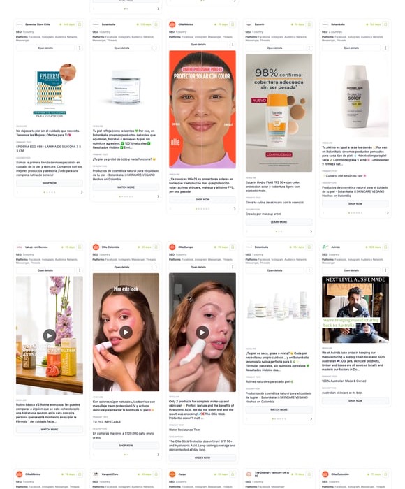 Adligator search results showing skincare competitor ads with landing page data