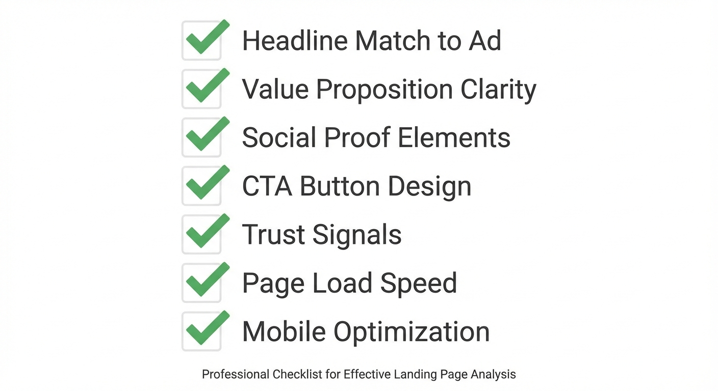 Landing page analysis checklist with key elements to evaluate