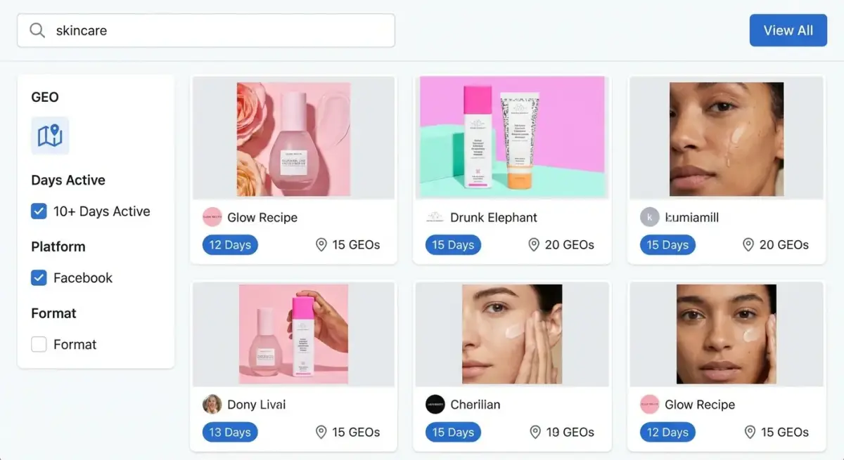 Adligator search interface showing competitor ad results filtered by days active and platform for pattern analysis