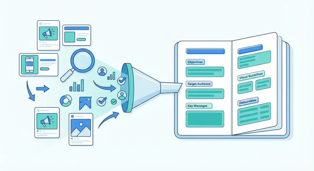 Creative brief document being assembled from competitor ad spy data with data points flowing into a structured template
