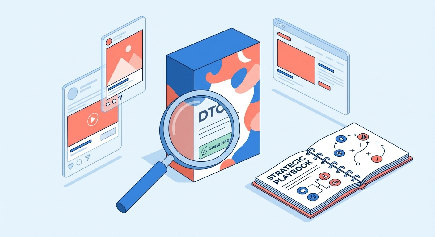 DTC product box being analyzed with magnifying glass surrounded by ad creative mockups