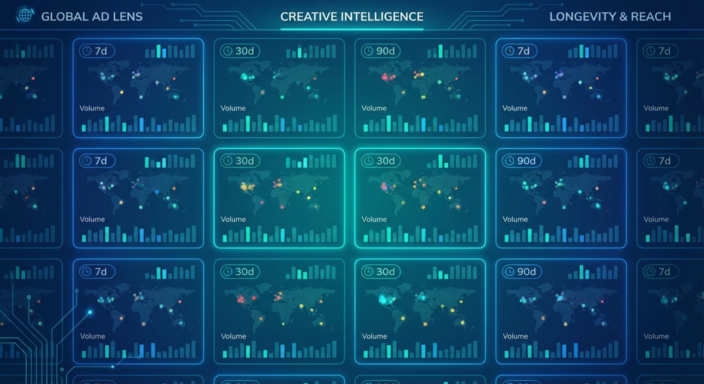 Ad intelligence platform showing creative cards with longevity badges and geographic distribution