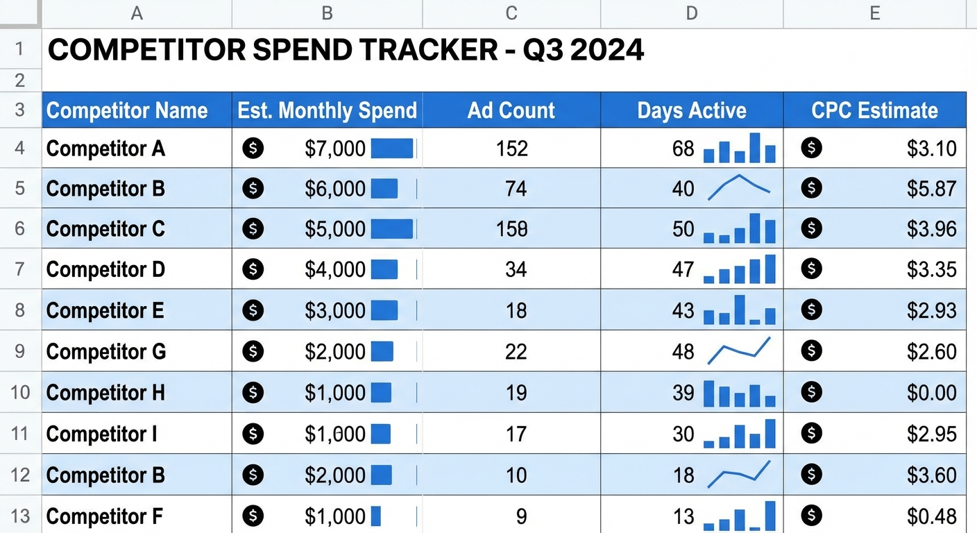 A sample competitor spend tracking dashboard combining multiple estimation signals