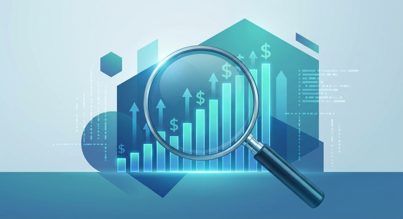 Magnifying glass analyzing advertising spend bar chart data with upward trend arrows