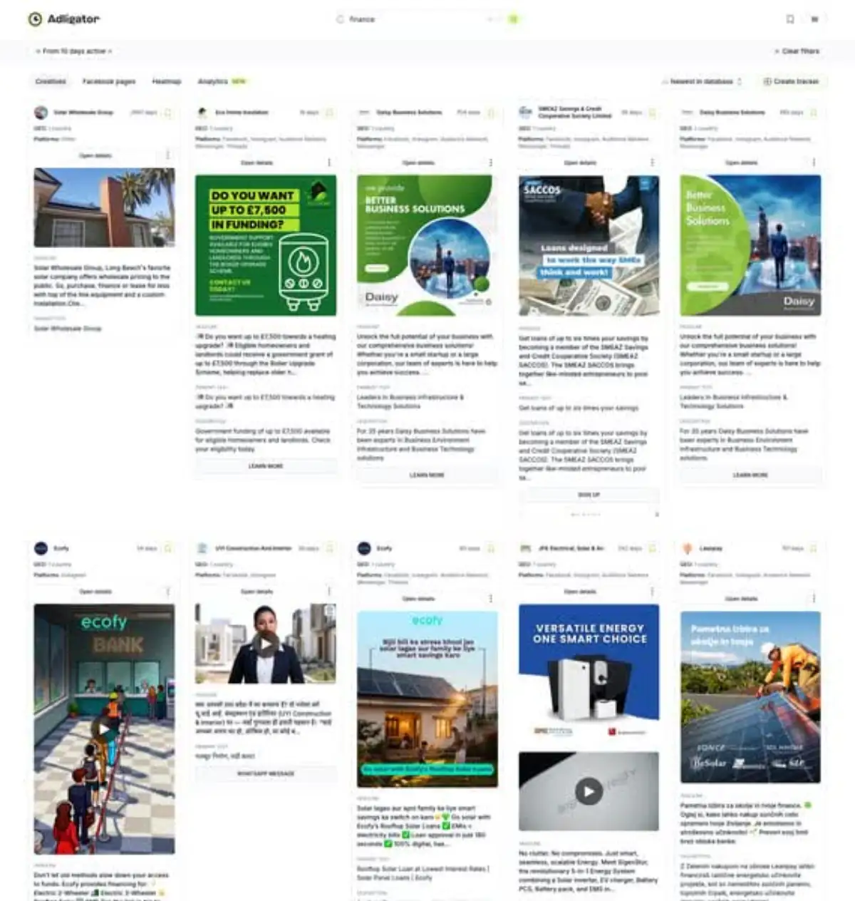 Adligator dashboard with filters applied showing competitor ads in a specific industry vertical with days active and geo data visible