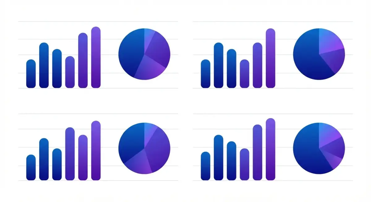 Data visualization dashboard showing bar charts and pie charts representing Facebook ad benchmarks across ecommerce, finance, gaming, and SaaS industries