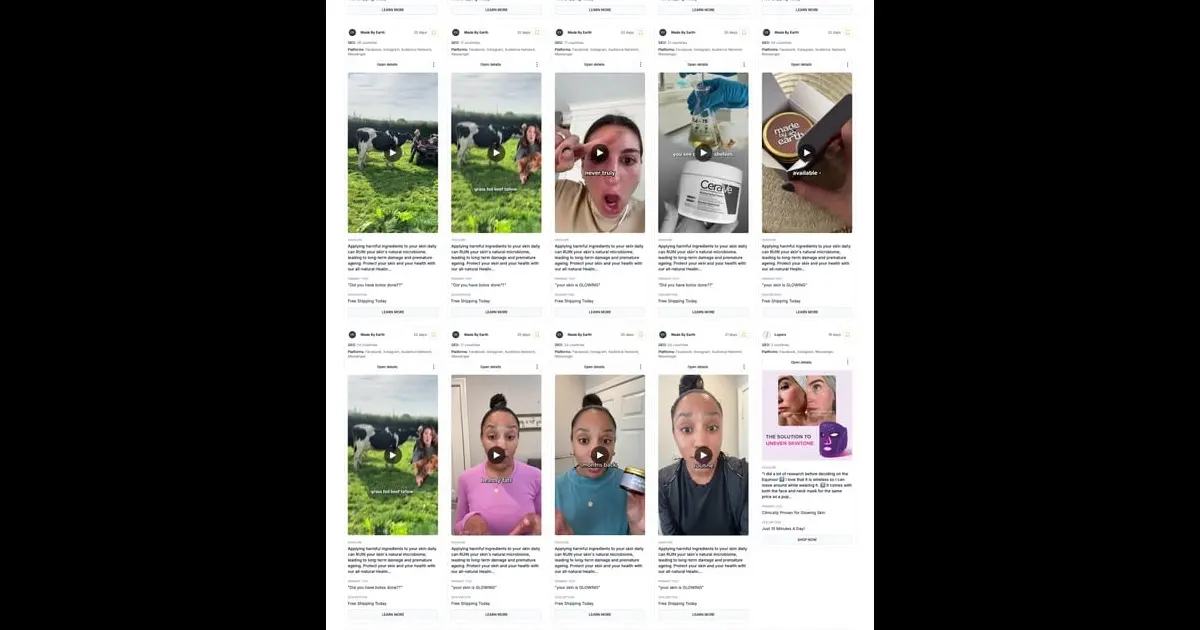 Shield icon overlaid on a Facebook Ads dashboard representing ad compliance auditing and account protection