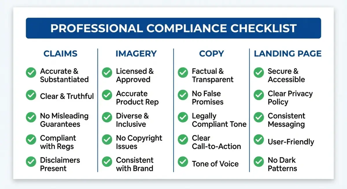 Visual compliance checklist for Facebook ad creatives covering claims, imagery, targeting, and landing page requirements