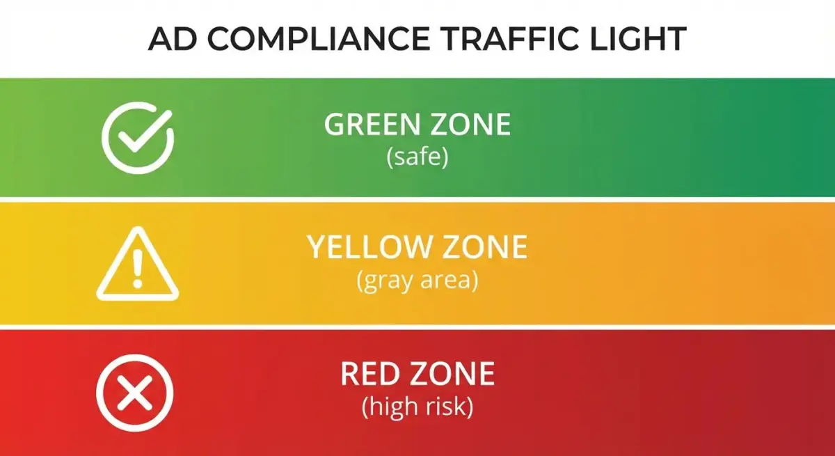 Infographic showing three compliance risk zones for Facebook ads — safe zone, gray zone, and red zone — with examples of ad creative approaches in each