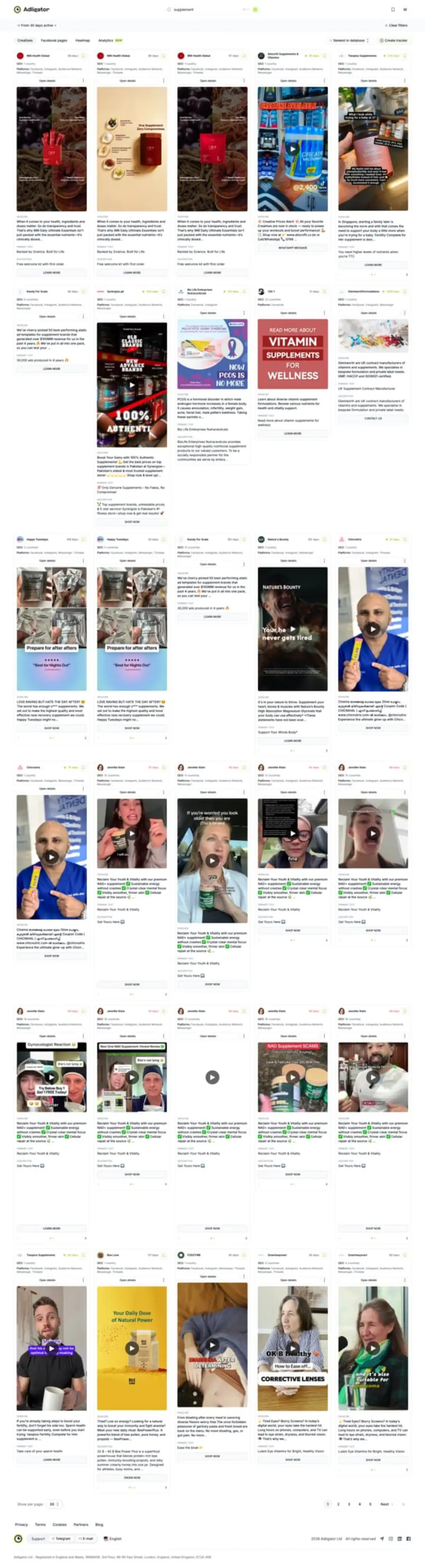 Adligator dashboard showing long-running ads in health and supplement vertical filtered by 30-plus days active as compliance reference examples