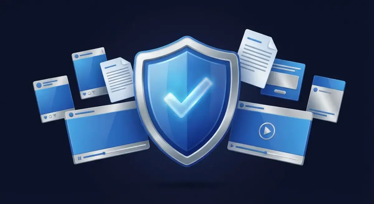 Professional shield icon with a checkmark representing Facebook ad compliance protection for media buyers with policy document elements in the background