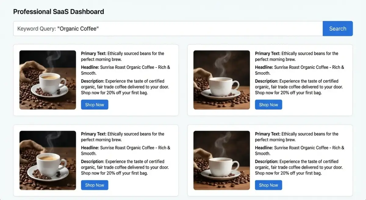 Adligator search results showing competitor ad copy text visible on each creative card for copywriting analysis