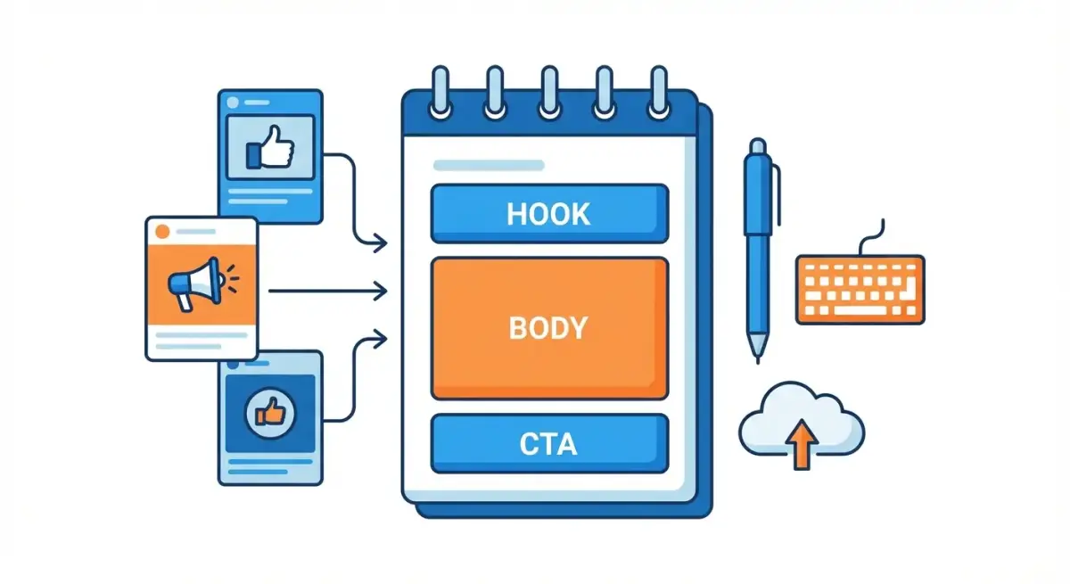 Facebook ad copywriting framework showing ad copy structure with hook, body, and CTA sections built from competitor spy data