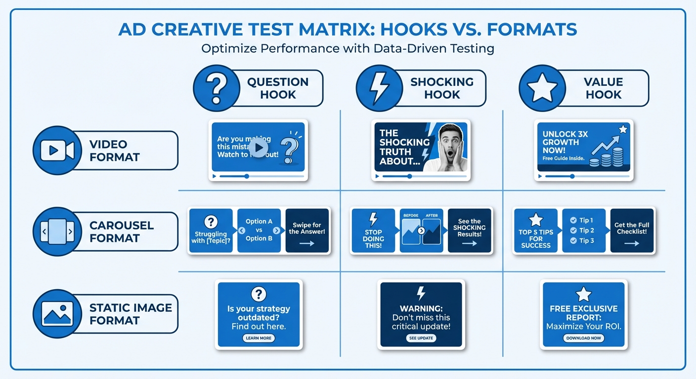 3x3 test matrix grid with hook types as columns and ad formats as rows
