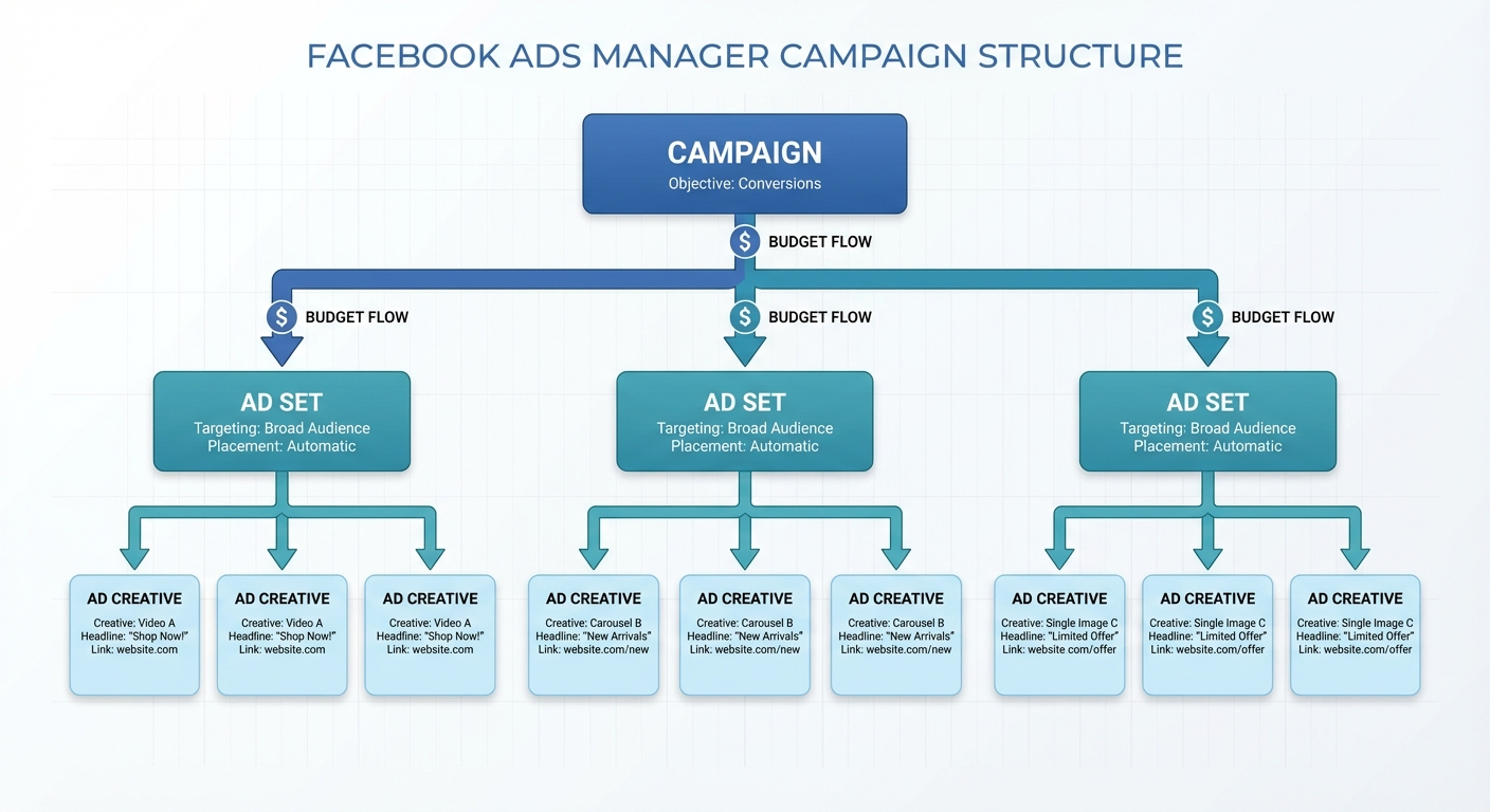 Facebook Ads Manager campaign structure with one campaign branching to ad sets and creatives