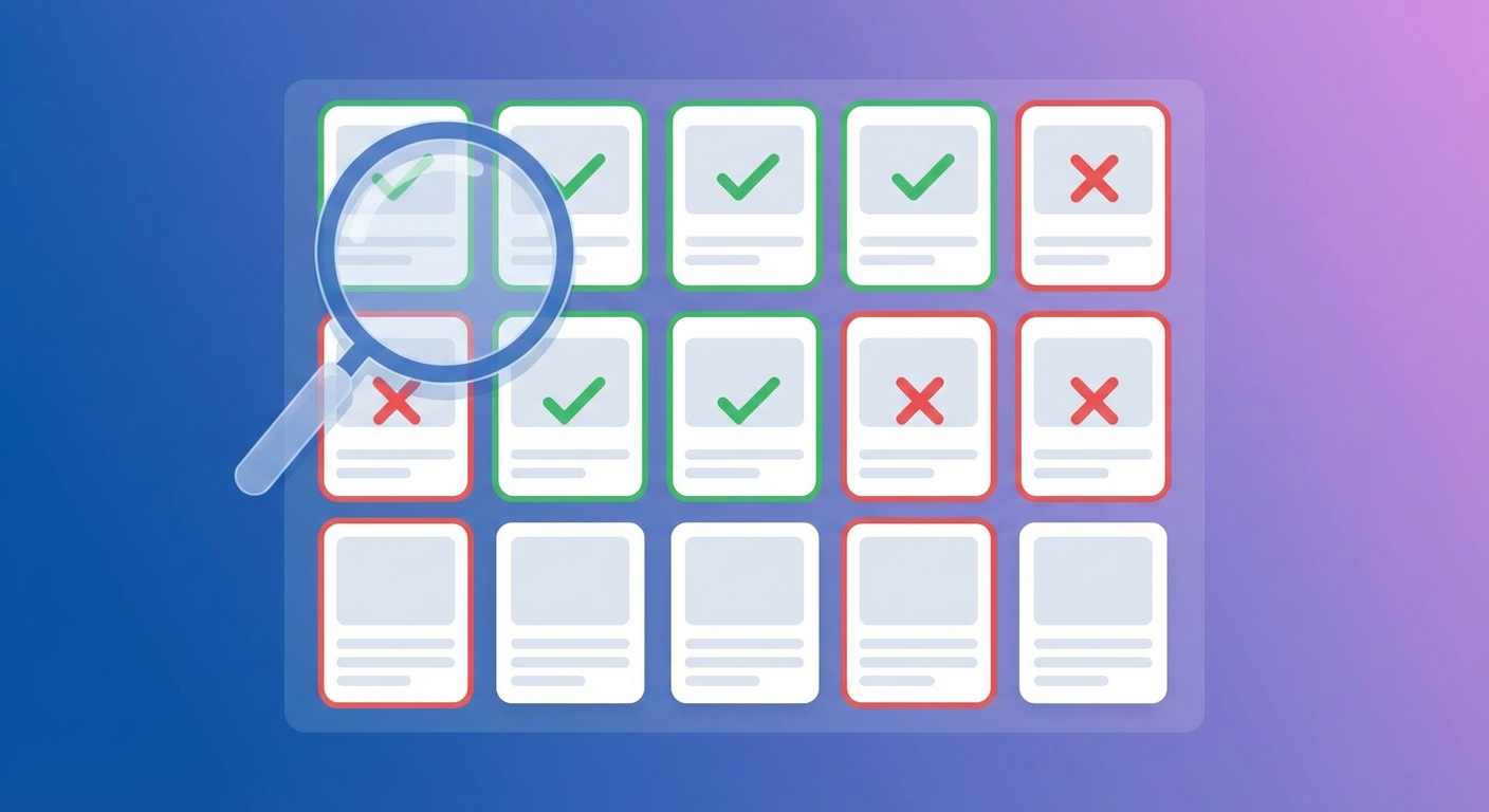 Structured grid of ad creative test cards with winner and loser indicators and magnifying glass