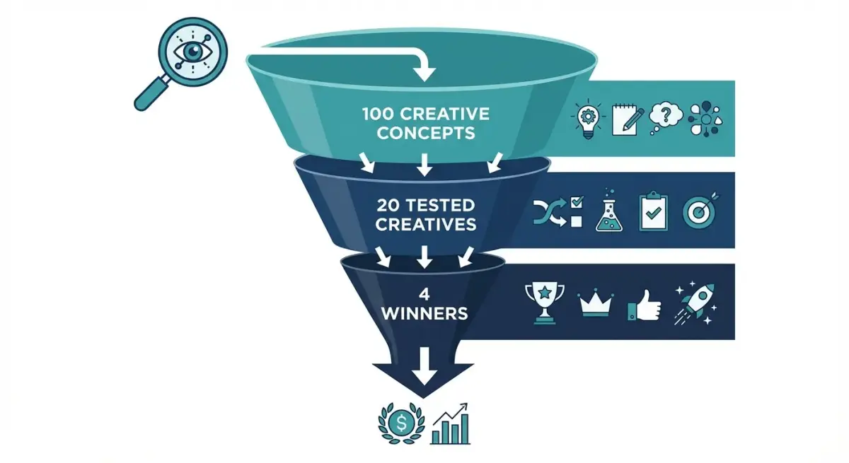Testing funnel diagram showing how competitor intelligence narrows creative concepts from 100 ideas to 20 tests to 4 winners
