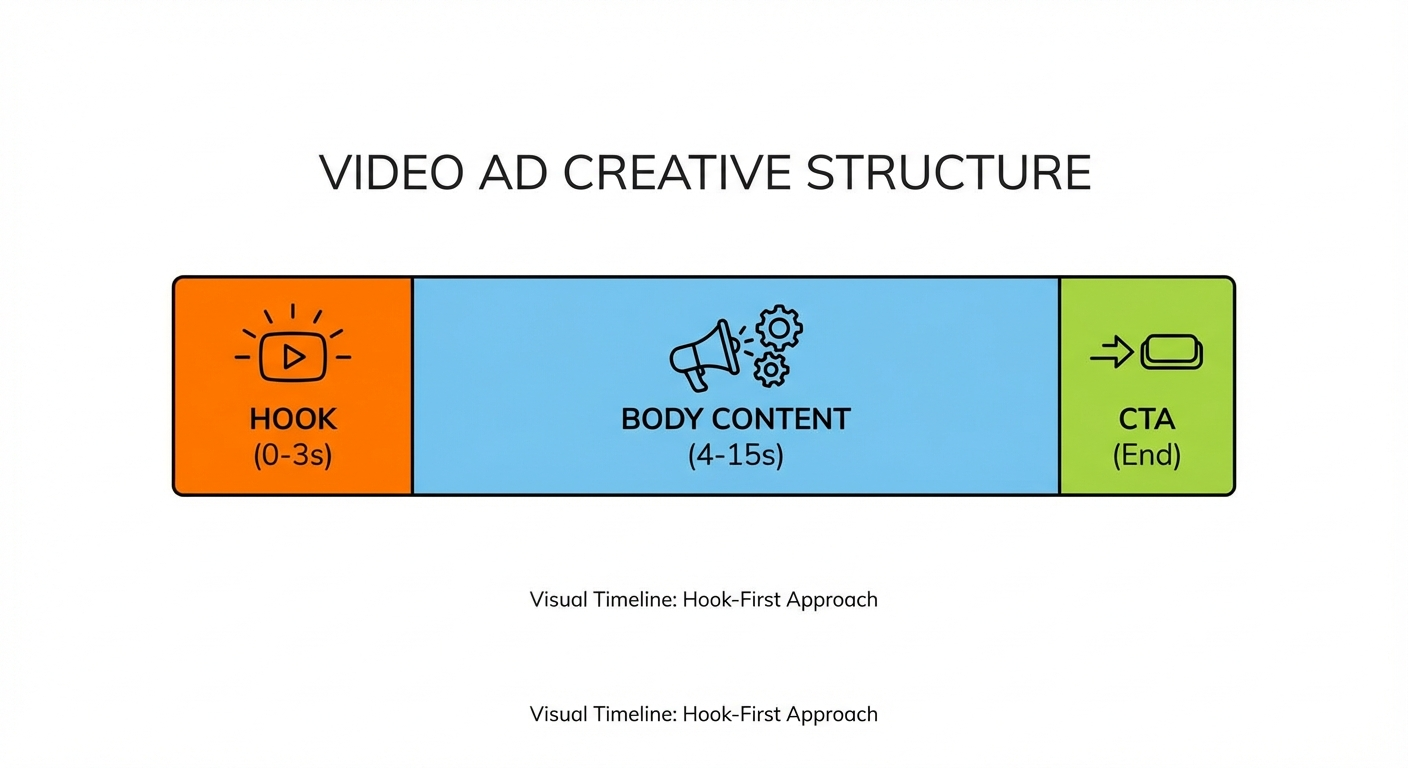 Visual timeline of hook-first video ad structure showing the 3-second hook, body content, and CTA