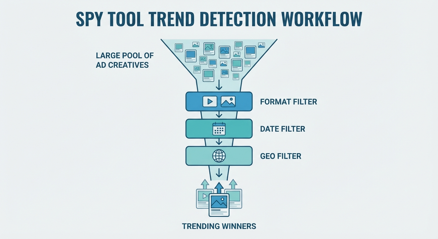 Funnel diagram showing spy tool filters narrowing ad creatives to trending winners