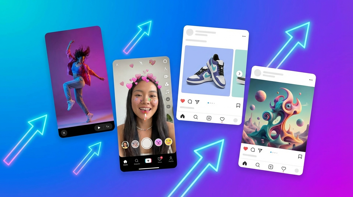 Collage of 2026 social media ad formats including UGC video, carousel, and AI creative with trend arrows