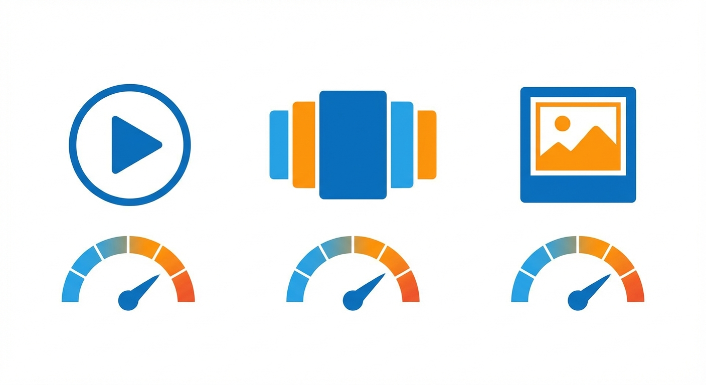 Three ad format icons - video, carousel, and static image - with performance meters