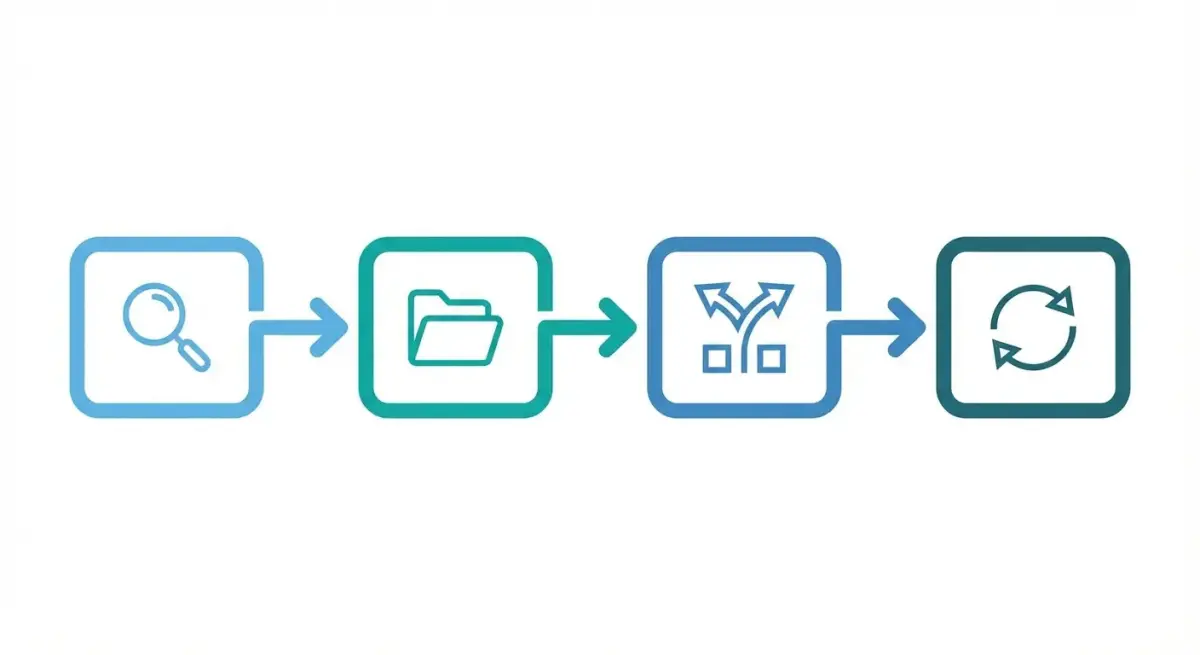 Step-by-step framework diagram for testing Facebook ad hook variations: research, categorize, draft, test, iterate