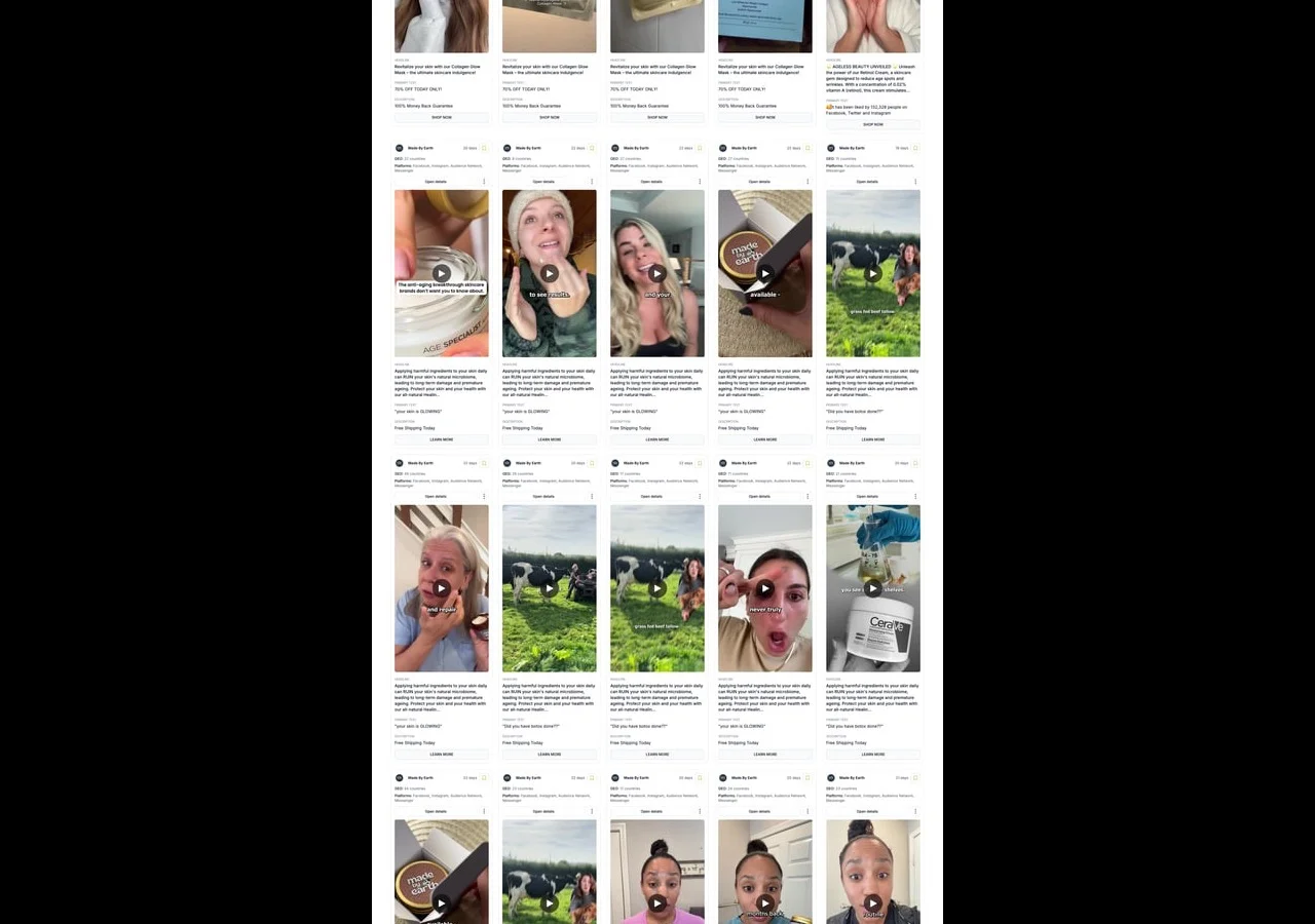 Adligator search interface with longevity filter set to 14+ days active, showing high-performing Facebook ad creatives