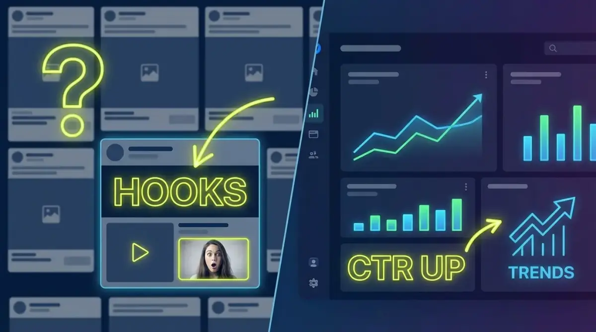 Visual overview of Facebook ad hook patterns with data trend charts showing CTR performance metrics for 2026