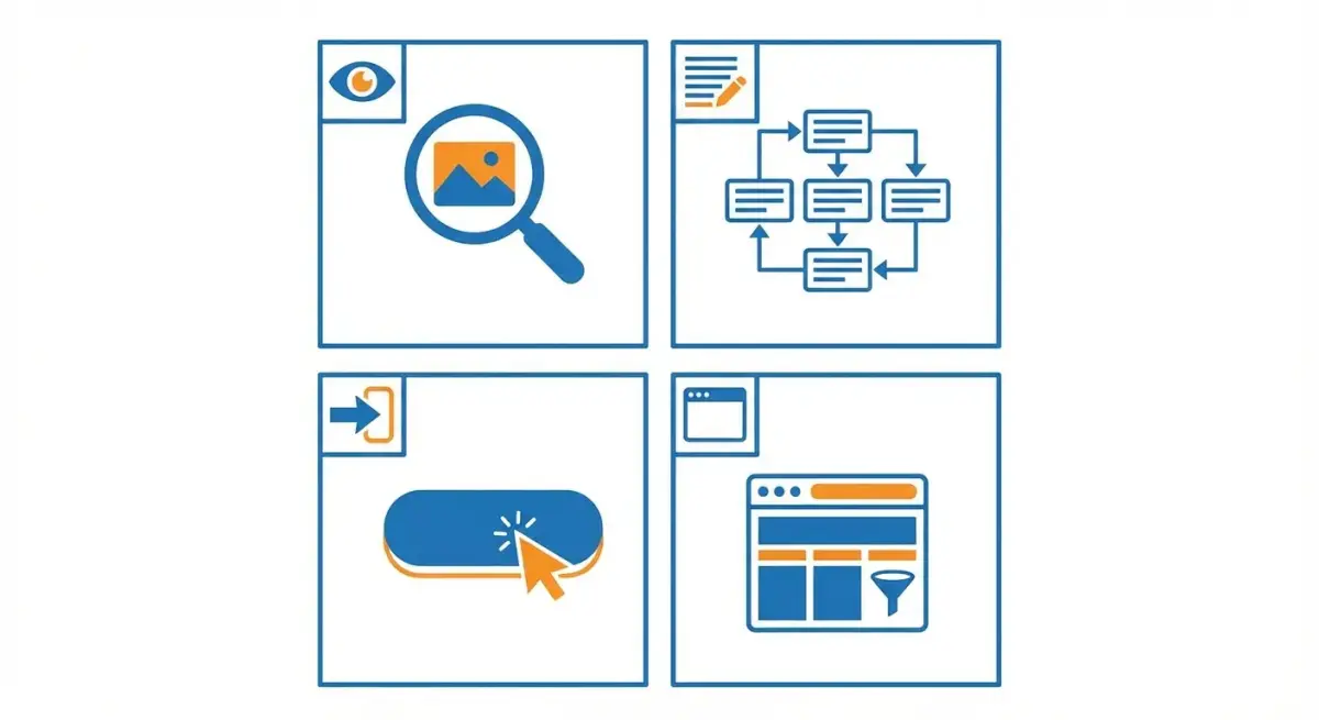 Four-quadrant framework for analyzing ad creatives: Visual Hook, Copy Structure, CTA Button, and Landing Page elements