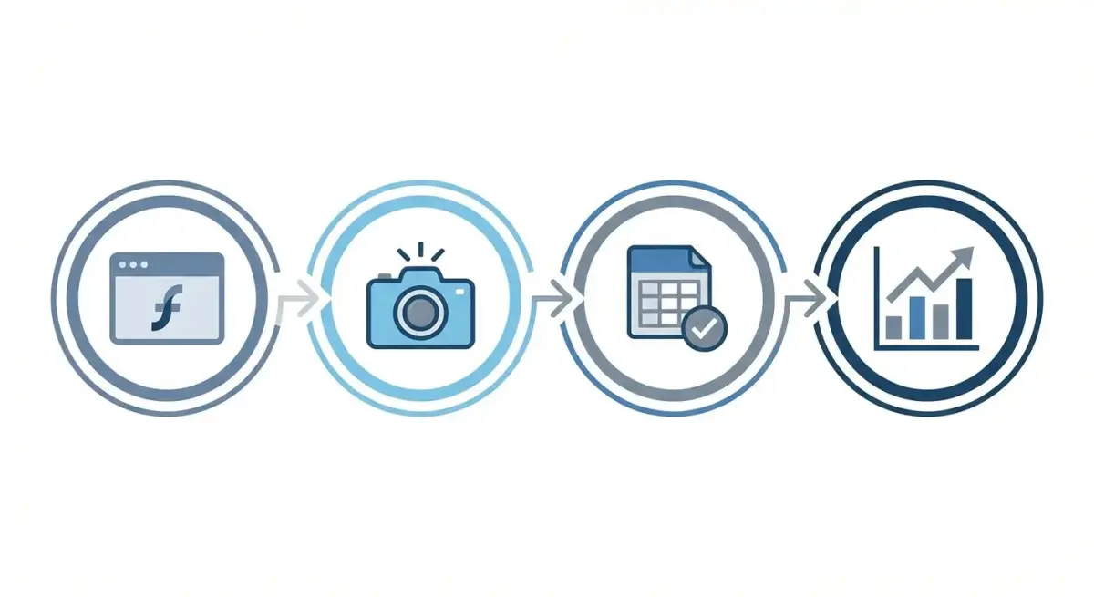 Workflow diagram showing the four steps of manual ad research: browse Meta Ad Library, take screenshots, organize in spreadsheet, and analyze patterns