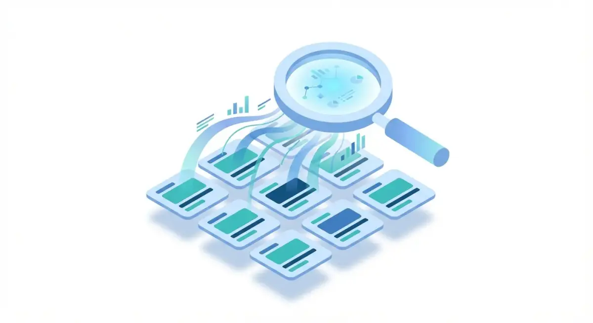 Magnifying glass analyzing a grid of social media ad cards with analytics data flowing from them, representing facebook ad intelligence research