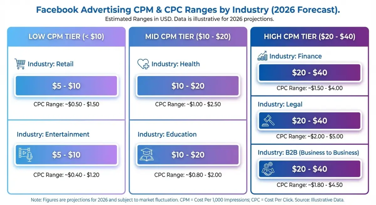 Comparison chart showing Facebook CPM and CPC ranges across verticals including retail, legal, SaaS, and gaming for 2026