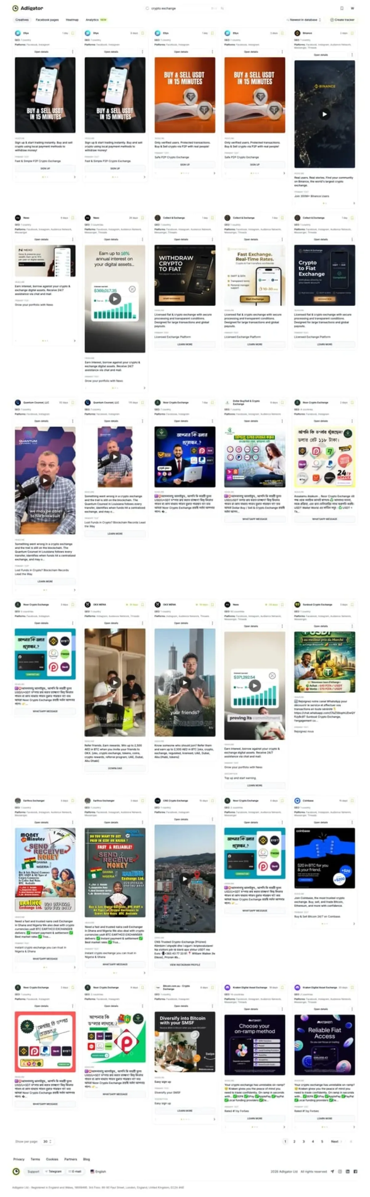 Adligator search interface showing crypto-related keyword search results with active Facebook ad creatives