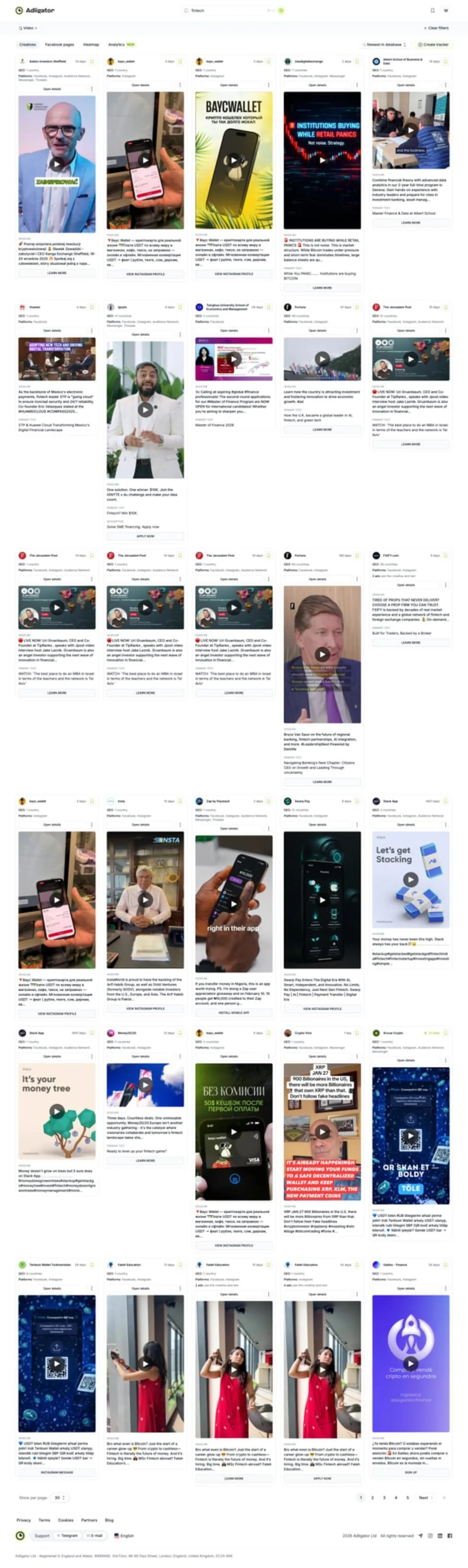 Adligator creative results grid showing fintech ad formats including video, carousel, and image ads with engagement metrics