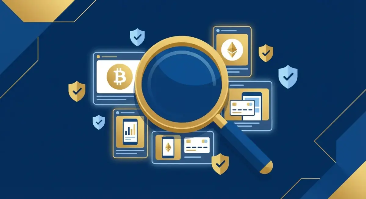 Professional illustration showing crypto and fintech advertising research on Facebook with compliance shields and data analytics elements